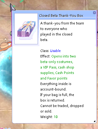 The Closed Beta Thank-You Box as the game client shows it