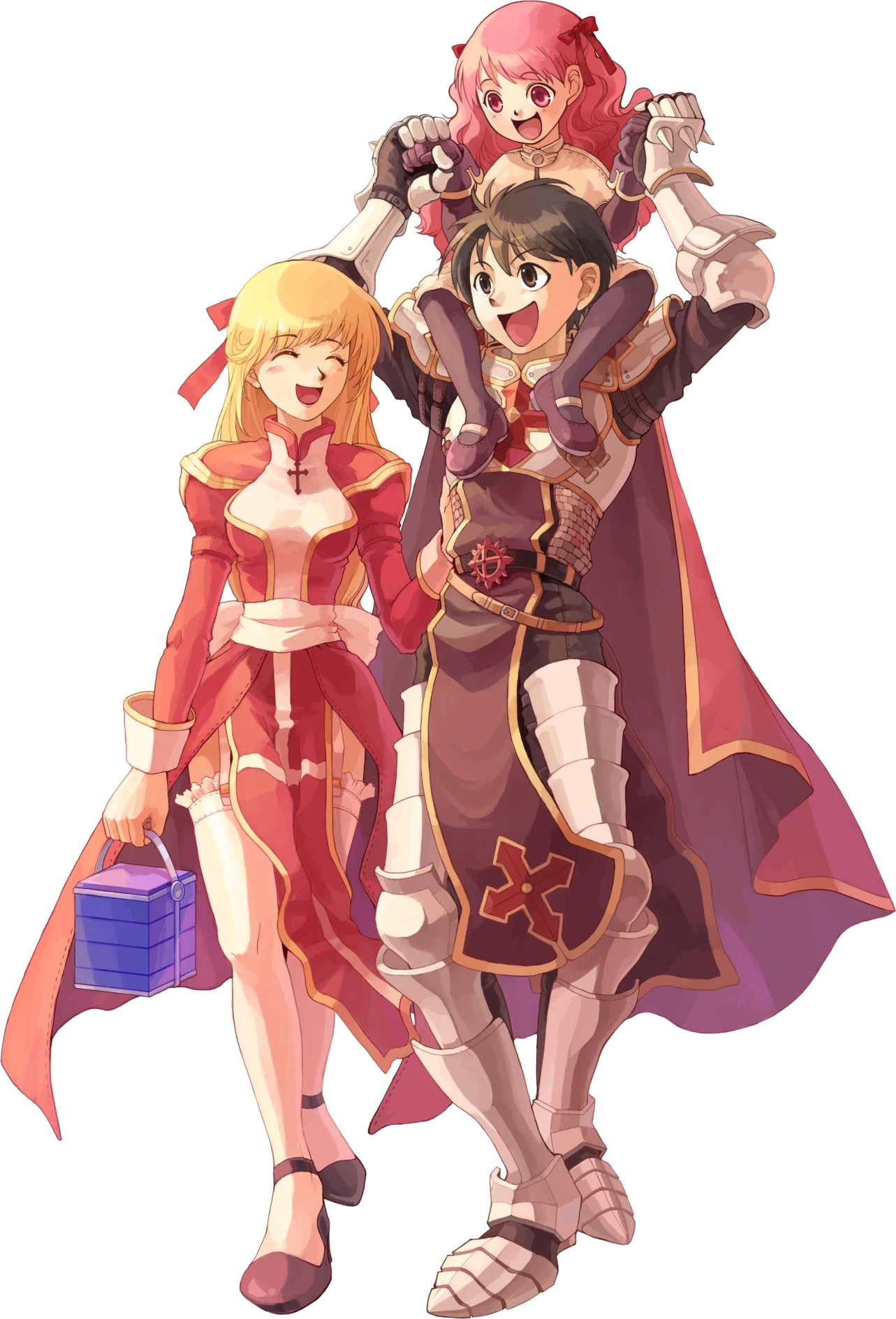 A Knight and a Priest walking with their daughter on his shoulders